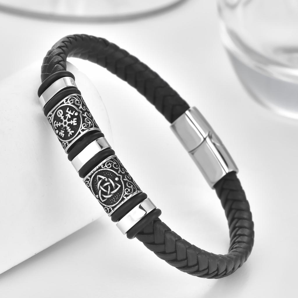 Black Leather Rope Cowhide Men's Double-layer Genuine Leather Woven Bracelet Handmade Multi-layer Leather Bracelet