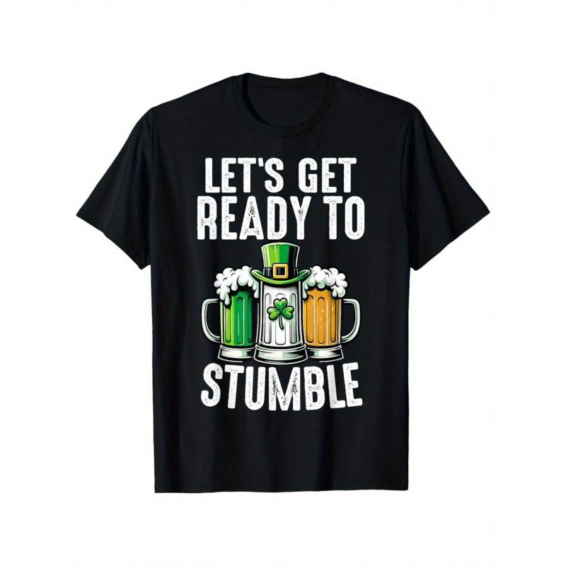 Men'S Funny St. Patrick'S Day T-Shirt - Let'S Get Ready to Stumble Irish Beer Mug & Shamrock Design with Irish Flag Pints - Black & White Pub Crawl