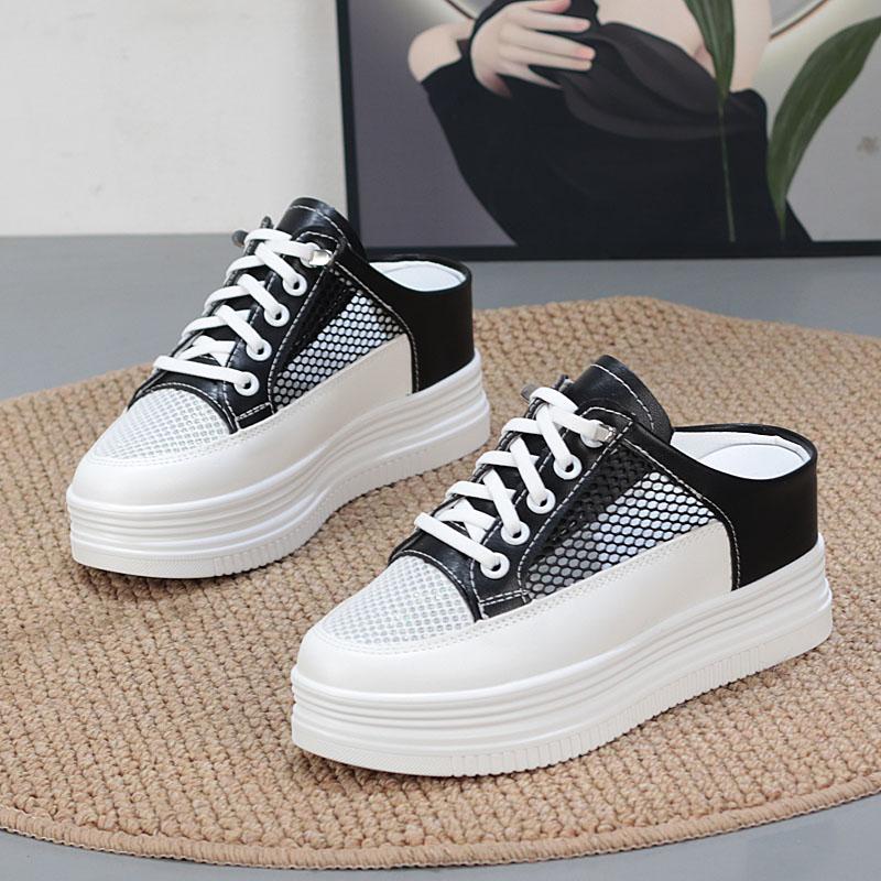 Fashion 7CM Air Mesh Platform Wedge Breathable Pumps Summer Hollow High Brand Synthetic Chunky Heels Mary Jane Slipper Shoes