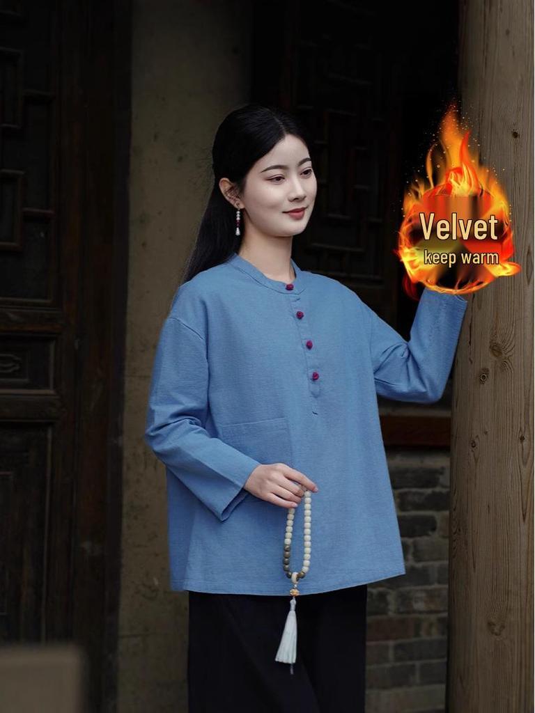 Women's Retro Chinese Style Patchwork Top: Cotton Linen with Fleece, Stand Collar, and Frog Button