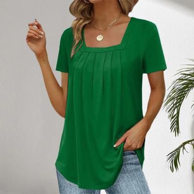 Letni casualowy T-shirt z kwadratowym dekoltem, krótkim rękawem, plisowany, jednolity kolor, luźny krój A-line, topy do domu, na randkę, do biura