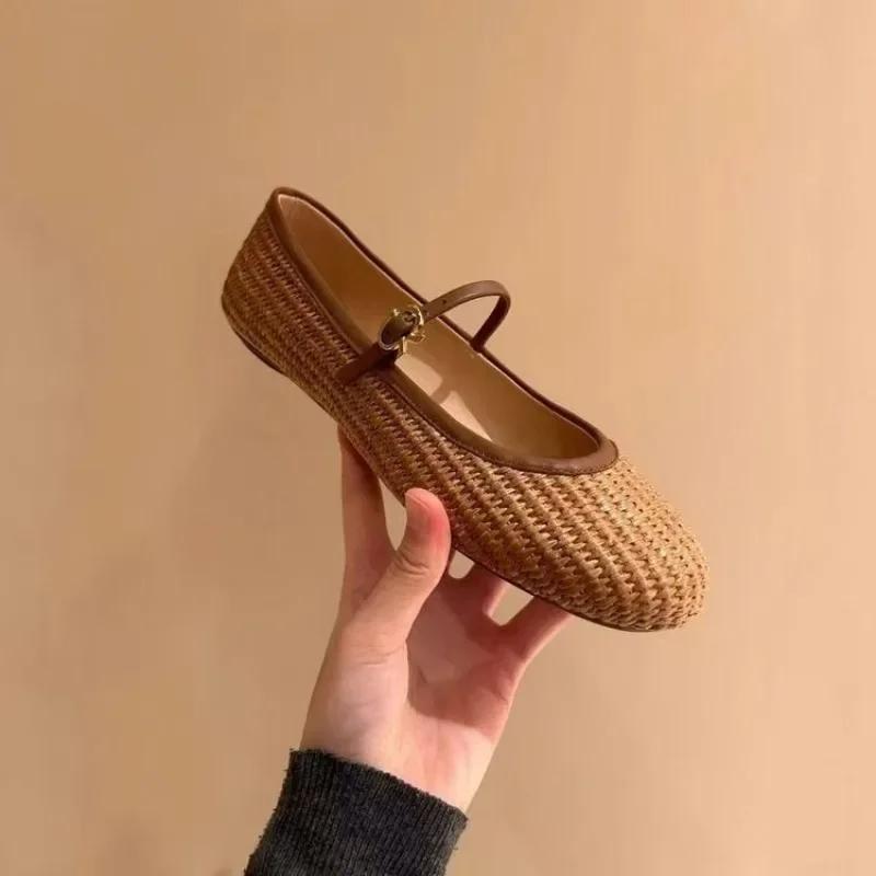 Women's Fashion Flat Shoes Autumn New Round Head Shallow Mouth One Word Buckle Straw Plaited Breathable Soft Sole Shoes