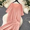 Casual and Fashionable Knit Set for Women New Summer V-Neck Short-Sleeve Sweater Tops and Wide-Leg Pants Two-Piece Sets