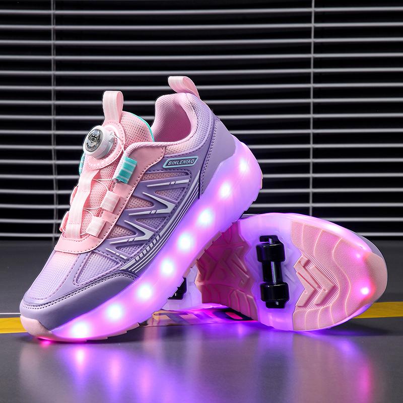 Chaussures de Sport à Lumières pour Enfants Chaussures à Roulettes Chargement et Démontage Chaussures à Roulettes à Quatre Roues LED Baskets Lumineuses pour Enfants
