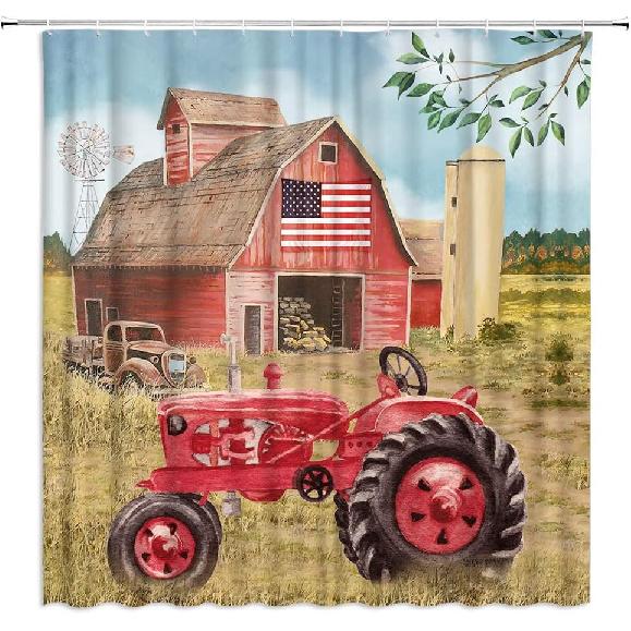 Farmhouse Shower Curtain Vintage Old Tractor Farm Truck Rustic Barn House Windmill Green Leaves Plant Forest Country Nature Scenery Home Bathroom
