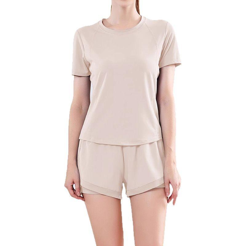 Quick-drying mesh stitching anti-light sports women's summer loose running loose high-waisted yoga clothes short-sleeved set