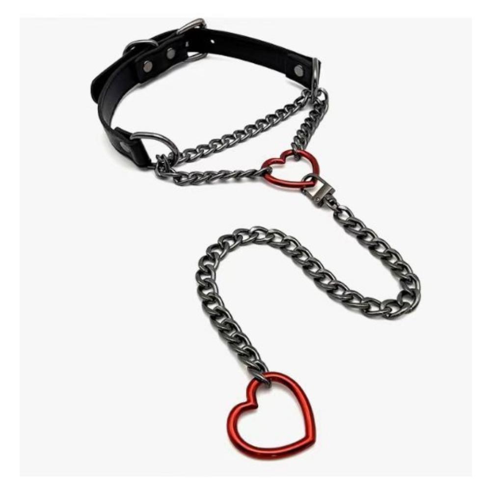 Europäische und amerikanische Persönlichkeit PU-Leder Liebeskreis O Kragen Halskette Punk Kette Herzschloss Anhänger Nackenband Schlüsselbeinkette