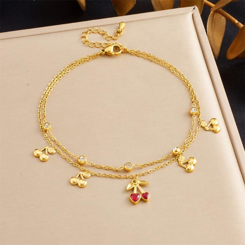 Double Layer Gold Cherry Charm Anklet with Zircon