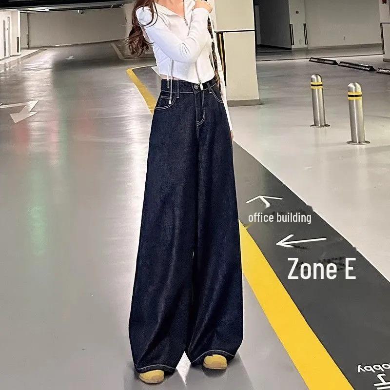 2025 Damen Retro Dunkelblaue High-Waist Wide-Leg Jeans - Lockere Passform, Bodenlang