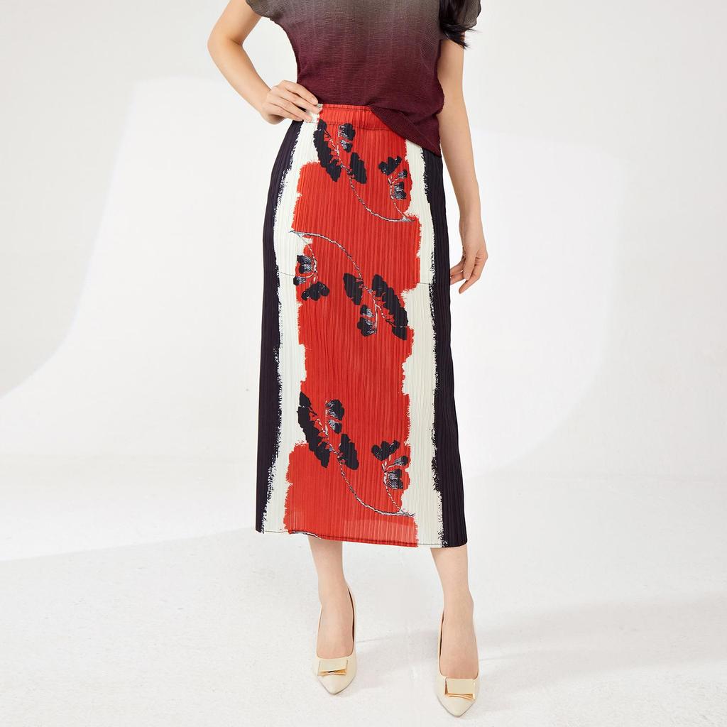 Pleated Print Midi Skirt 2024: High-End Temperament with Back Slit, Versatile Bodycon Design for Women