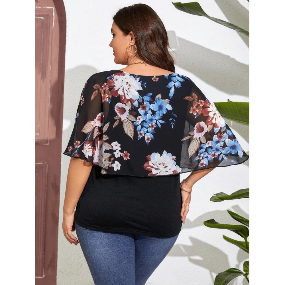 Plus Size Women's Chiffon Shawl Fake Two Piece T-Shirt