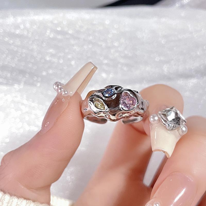 

Chain Texture Color Zir*****Pen Ring Women S Personality Fashion Niche Design High-End Ring Index Finger Ring Adjustable opening