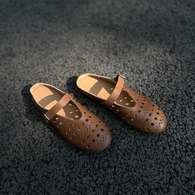 Johnature Retro Hollow-out Flat Slippers Versatile Soft Soled Comfortable Casual Women s Slip-on Shoes 35 кофейный