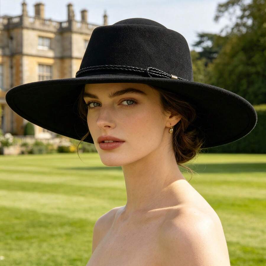 Vintage Western Wide Brim Felt Fedora Hat With Decorative Band For Women And Men