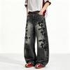 Mens Distressed Wide-Leg Straight Cut Denim Jeans With Gradient Charcoal Wash Raw Edge Holes