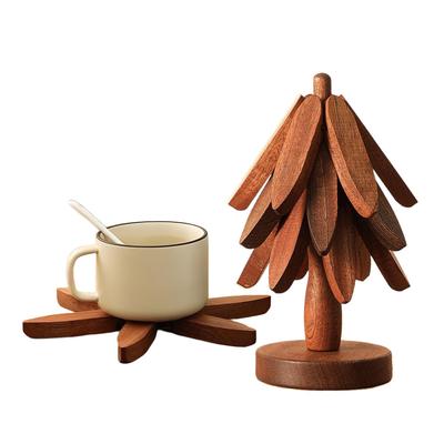 Table Decor Coaster Hot Dish Pad Foldable Christmas Tree Wood Teapot Holder Tree Coaster For Home Kitchen Restaurant Bowl Cups