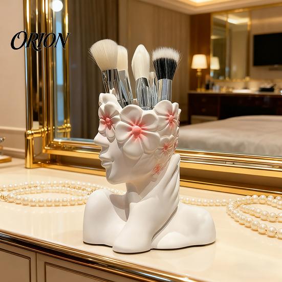 Artistic Cosmetic Brush Cup Storage Box, with Side Face Design, Nordic Style Versatile Makeup Minimalist Container Holder, for Bedroom Dressing Table
