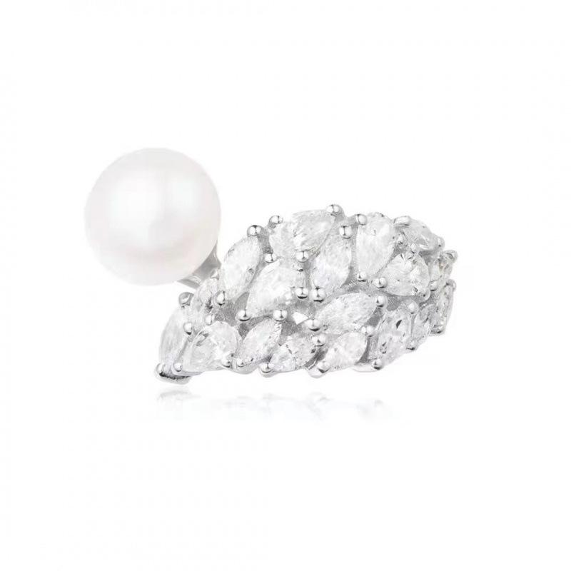Openable Pearl Feather Ring for Women - High-End, Fashionable, High-Carbon Zircon Design Adjustable