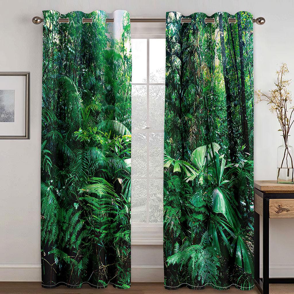 3D Forest Maple Leaf Natural Scenery Sunset Green Trees Design Thin 2 Pieces Curtains for Living Room Bedroom Window Drape Decor
