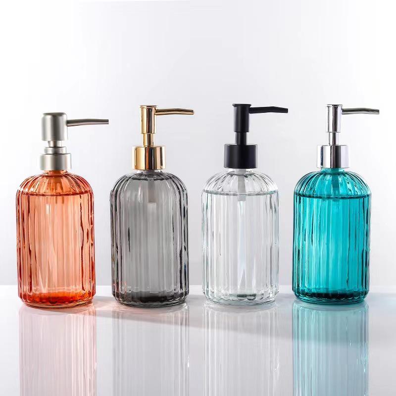 Colored Glass Press-Type Refillable Bottle for Lotion, Hand Soap, Shampoo, or Shower Gel