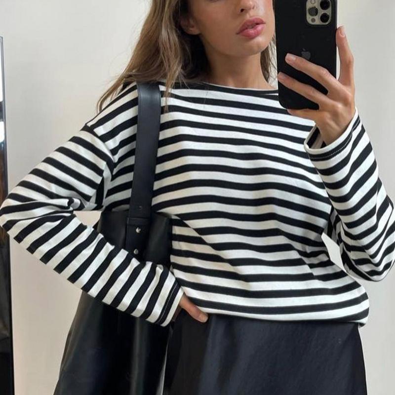 

Hirsionsan, осенняя полосатая свободная футболка с длинными рукавами, женская повседневная винтажная базовая футболка из мягкого хлопка, женские трикотажные топы в стиле Харадзюку 2022 M чёрный
