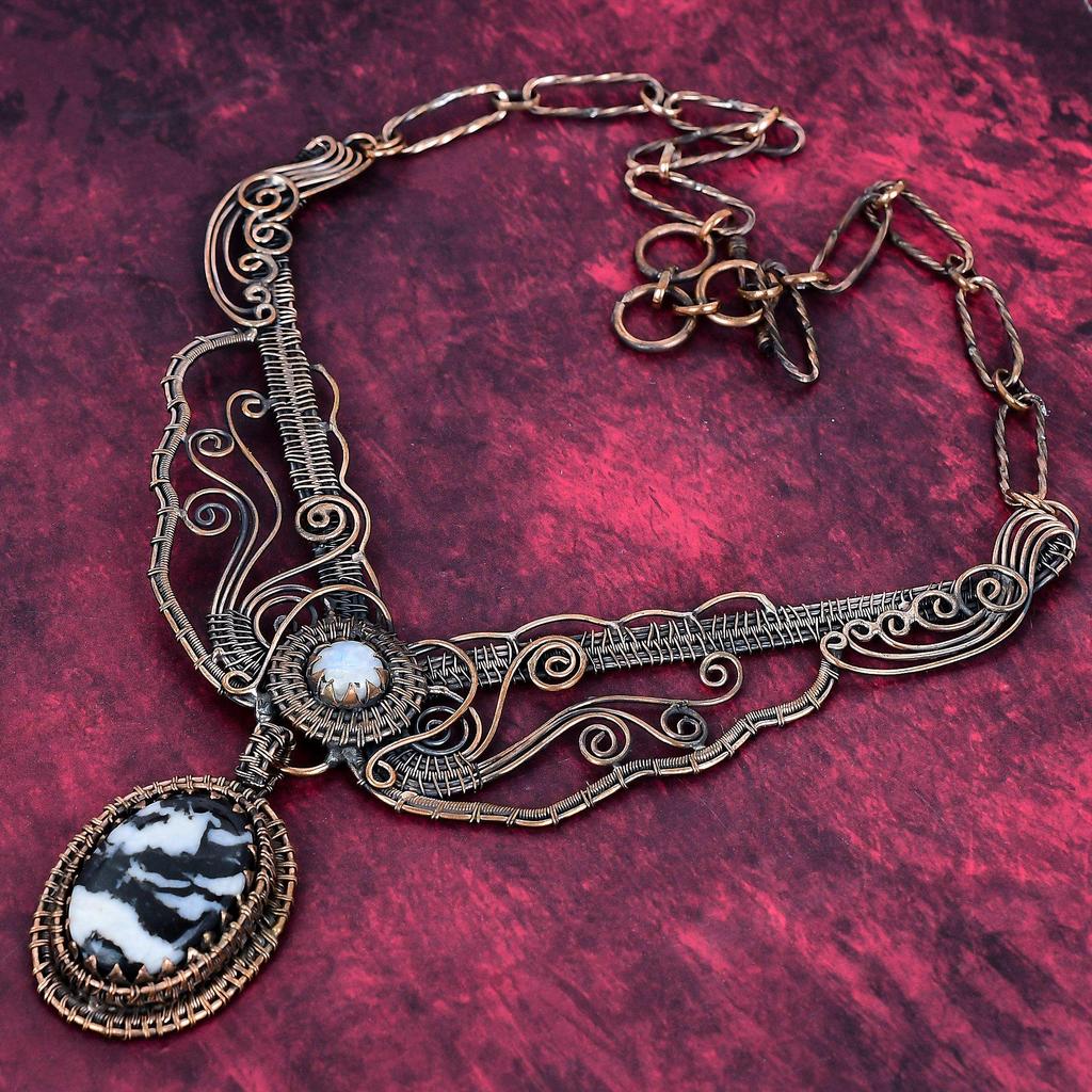 White Buffalo Turquoise Necklace Copper Wire Wrapped Jewelry Adjustable Necklace Rainbow Moonstone Necklace