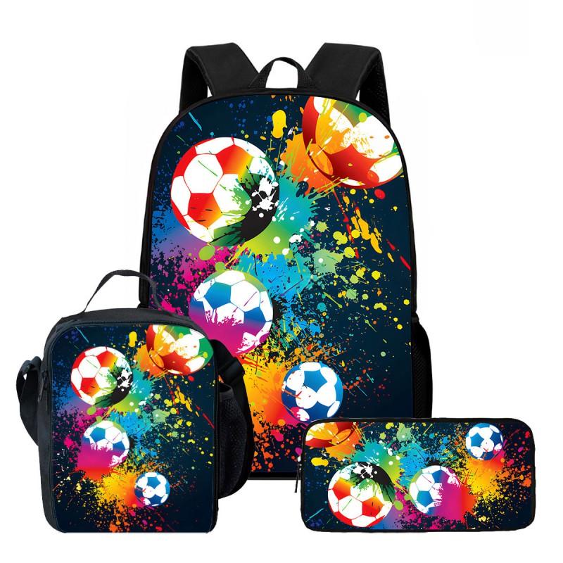Kids School Backpack Set With Lunch Bag Pencil Case - Football Print Oxford Fabric Ergonomic Design Elementary Students