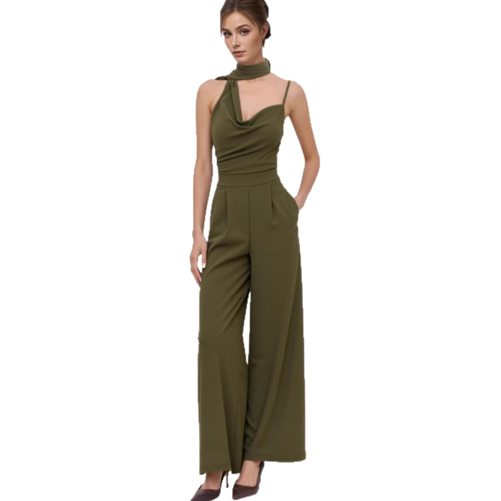 European and American women s clothing asymmetrical collar sleeveless straight jumpsuit side zipper pocket fashion knitted jumpsuit S