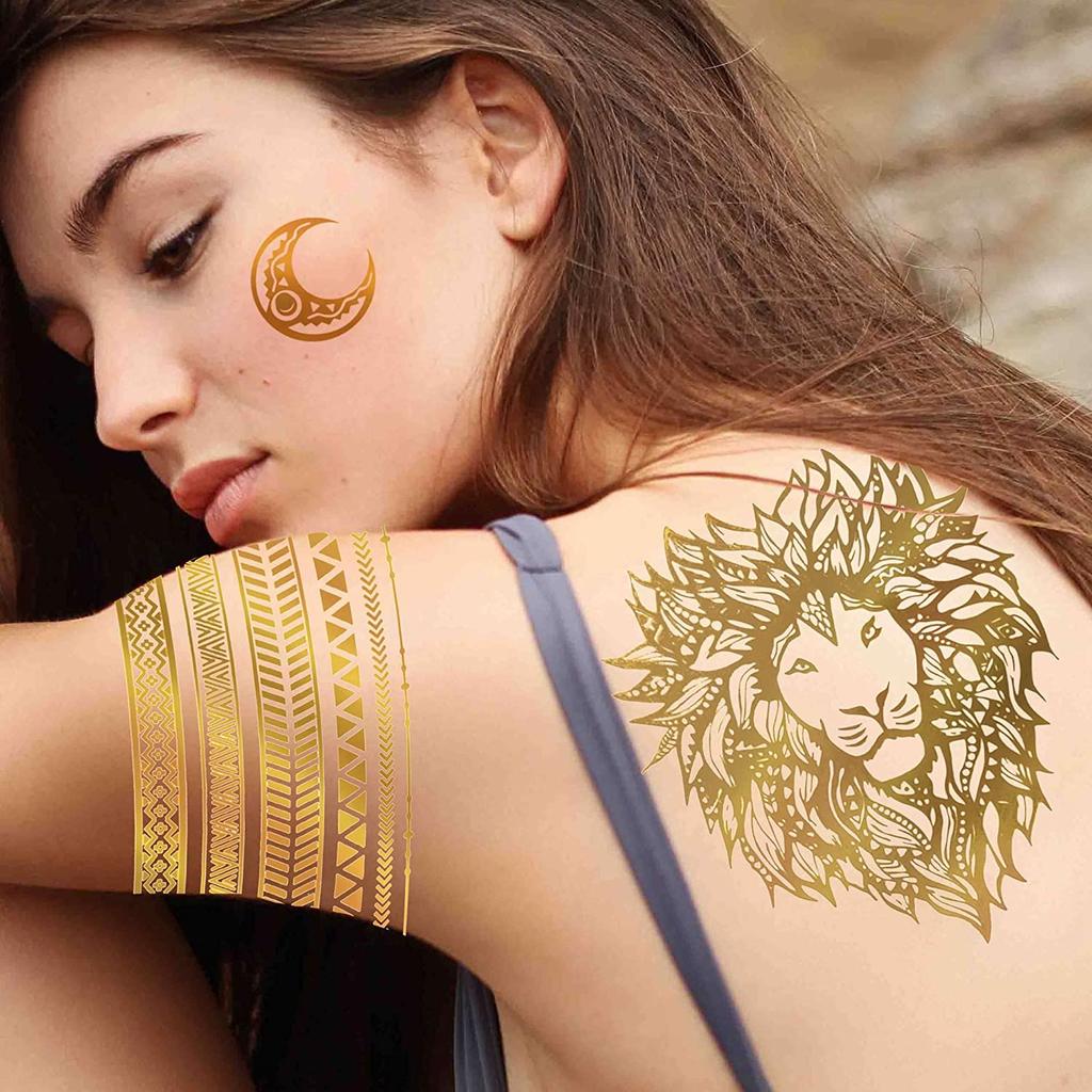 9 Sheets Flash Temporary Tattoos Metallic For Women Girl Golden Lion Sun Moon Star Butterfly Glitter Tattoo Sticker Fake Tatoos