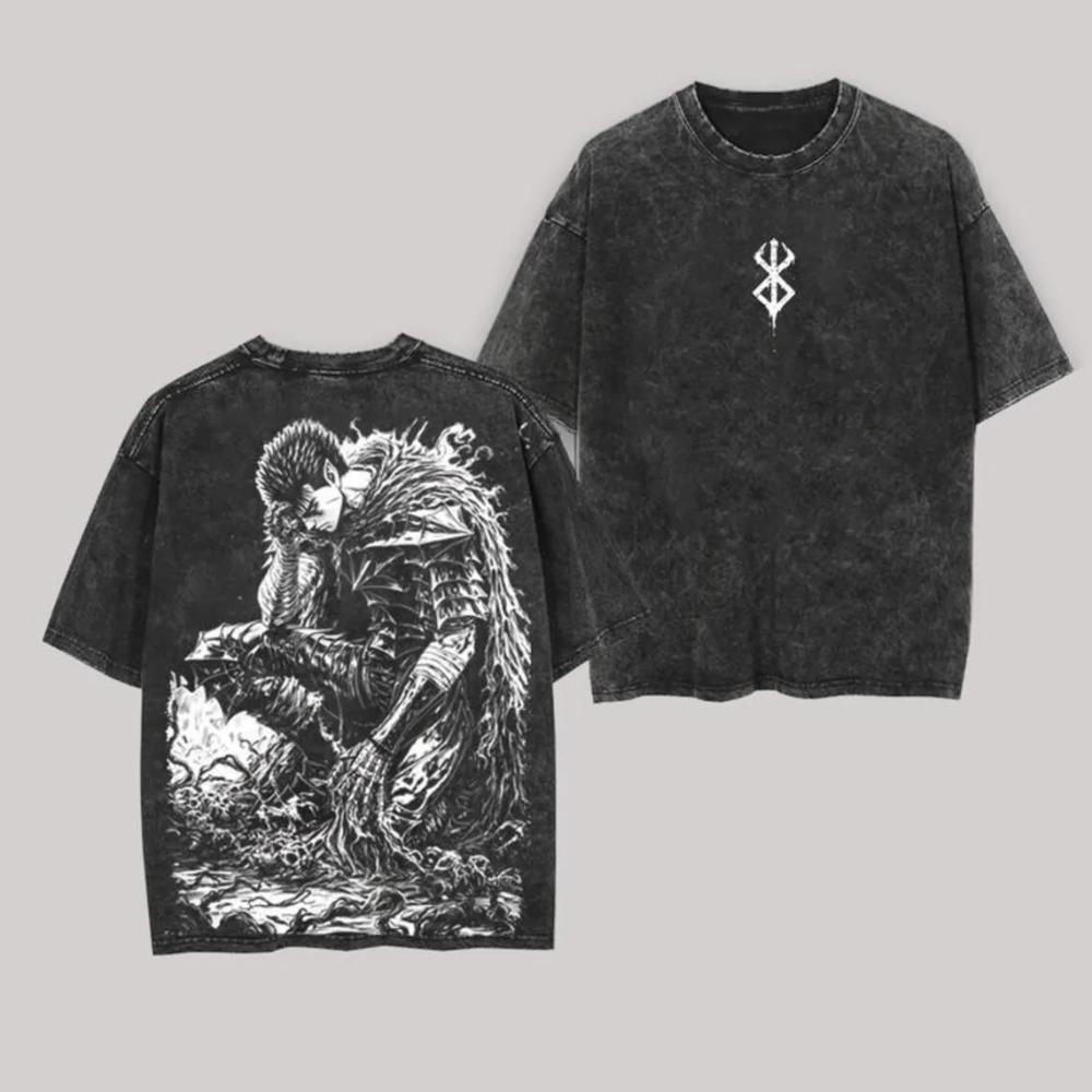 Berserk Guts (Black Swordsman) & Brand of Sacrifice Vintage Washed Double-Sided Anime T-Shirt, Unisex Dark Fantasy Manga Fan Streetwear Tee