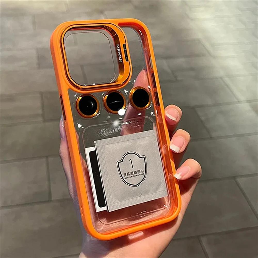 

Transparent Shockproof Lens Protector Stand Case for iPhone 11-15, Camera Glass Protection, Metal Ring For iPhone 13 ProMax