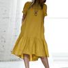 Women Summer Dress O Neck Ruffle Hem Patchwork Short Sleeves Pure Color Loose A-line Knee Length Casual Soft Daily Beach Midi Dress