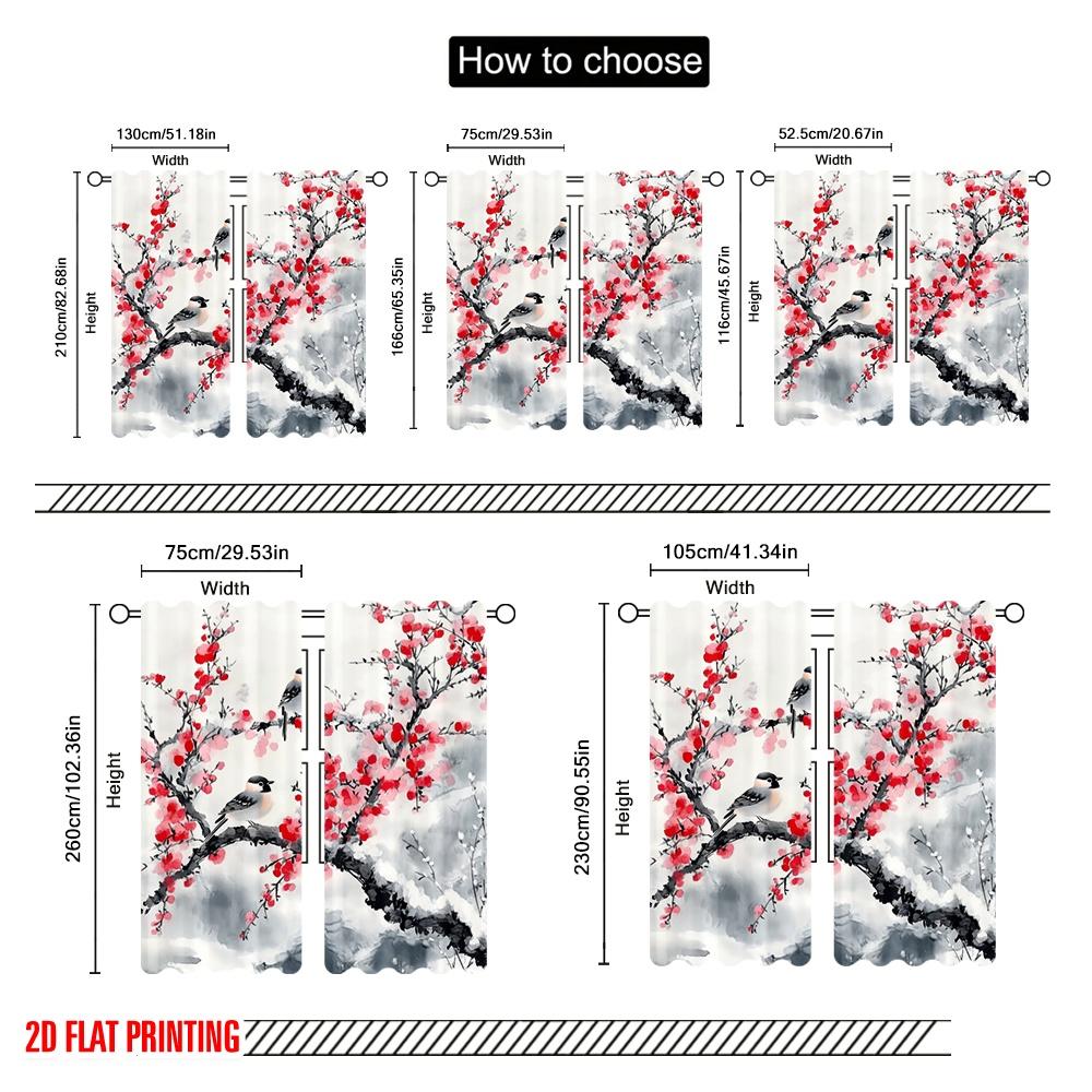 2pcs,2D Plane Printing Light Filtering Curtains Winter Blossoms Versatile Polyester (without Rod) Holiday Use for Various Rooms,
