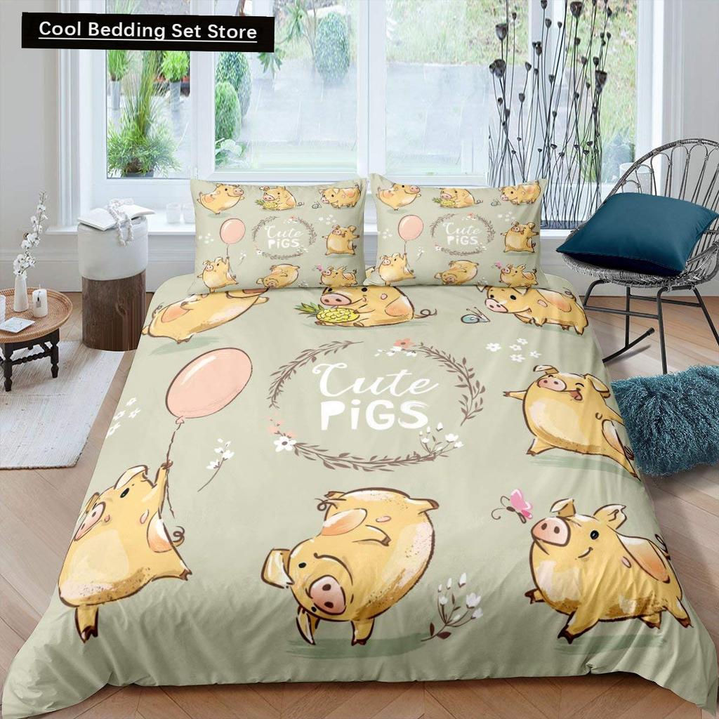 Cartoon Kawaii Pig King Queen Duvet Cover Happy Farm Animal Bedding Set Pink Piggy Quilt Cover 2/3pcs Polyester Comforter Cover