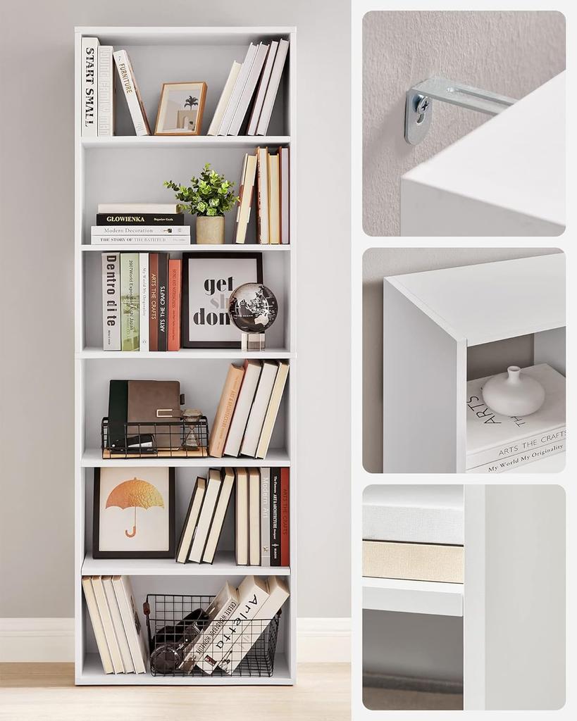 VASAGLE Libreria a 6 Ripiani Scaffale portaoggetti per Soggiorno Ufficio Camera da Letto Studio Stile Scandinavo Stile Scandinavo 24 x 60 x 178,5 cm Bianco