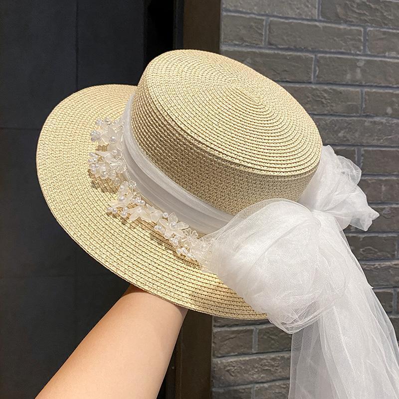 French Retro Elegant Lace Hat Flower Streamer Flat Top Big Brim Top Hat Spring and Summer Travel Sun Protection Sun Hat Women