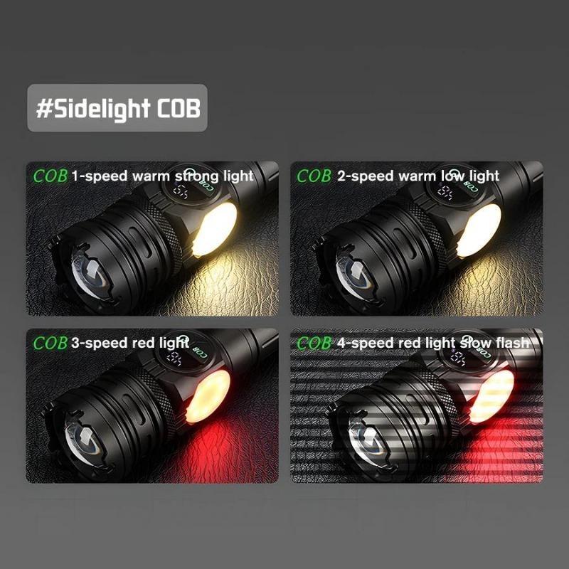 LED Flashlight 5 Lighting Modes COB Red Side Light with Magnet USB Rechargeable Torch Light Built In Battery for Hiking