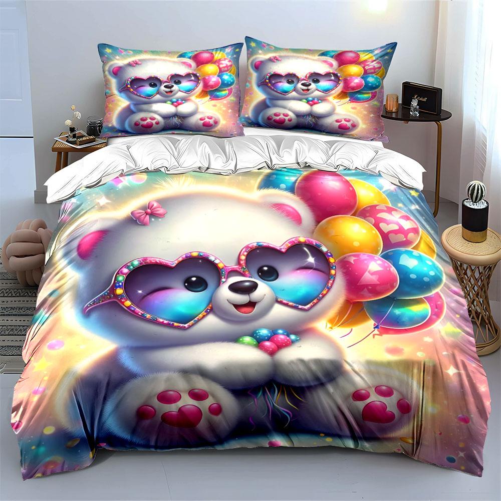 Cute Bear with Heart Balloons Bedding Duvet Cover Set (1*Duvet Cover 2*Pillowcases, Without Duvet Insert)