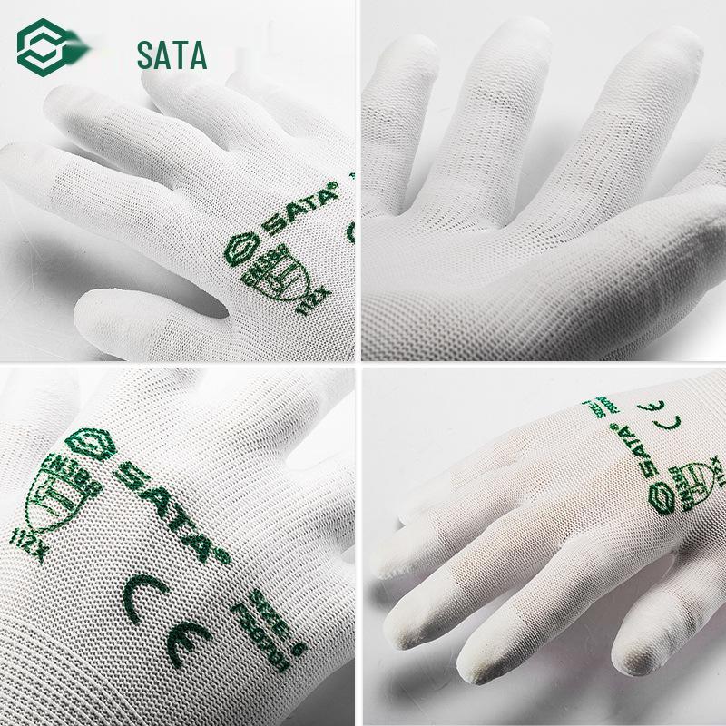 Sata Anti-Slip Work Gloves - Nylon PU Coated, Fingertip & Palm Dipped, Wear-Resistant for Workshop Use