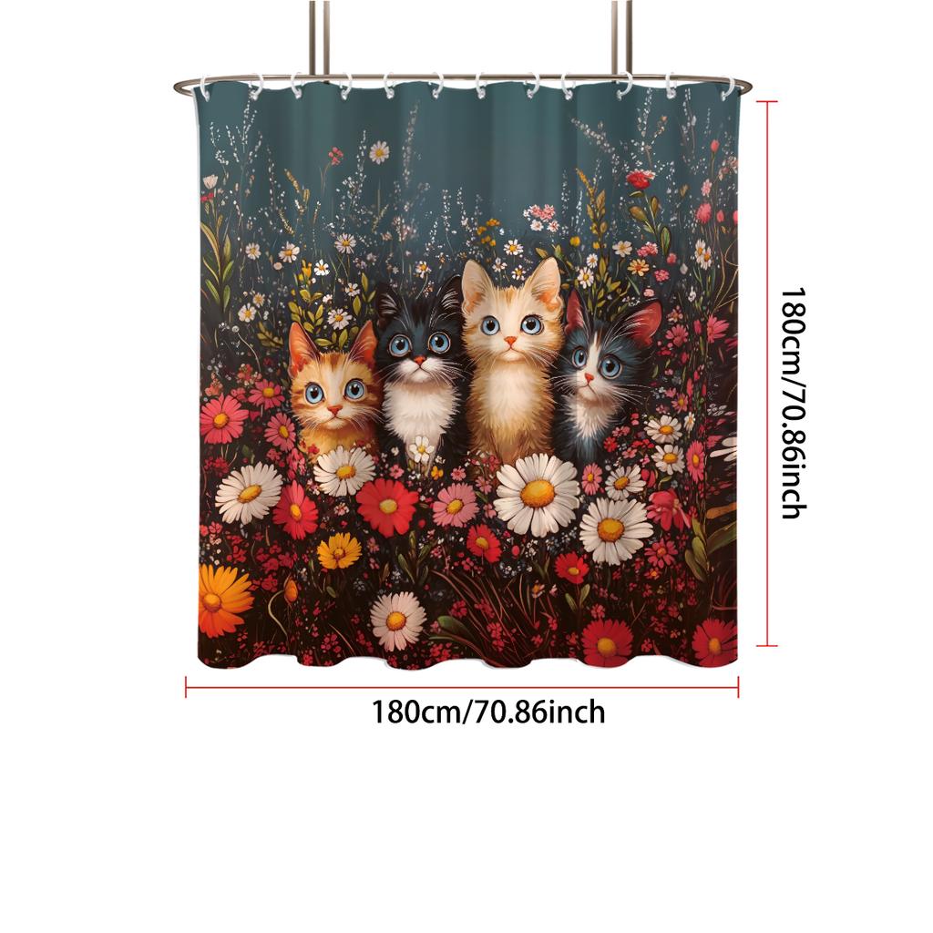 1pc Cute Kitten Print Waterproof Shower Curtain Partition Privacy Hanging Curtain with 12 Hooks Multiple Sizes Machine Washable
