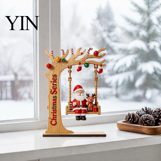 Rustic Christmas Home Accents Wooden Swing Ornament with Santa Claus/Bear for Christmas, Tabletop Artisanal Wood Decor Claus Figurine Living