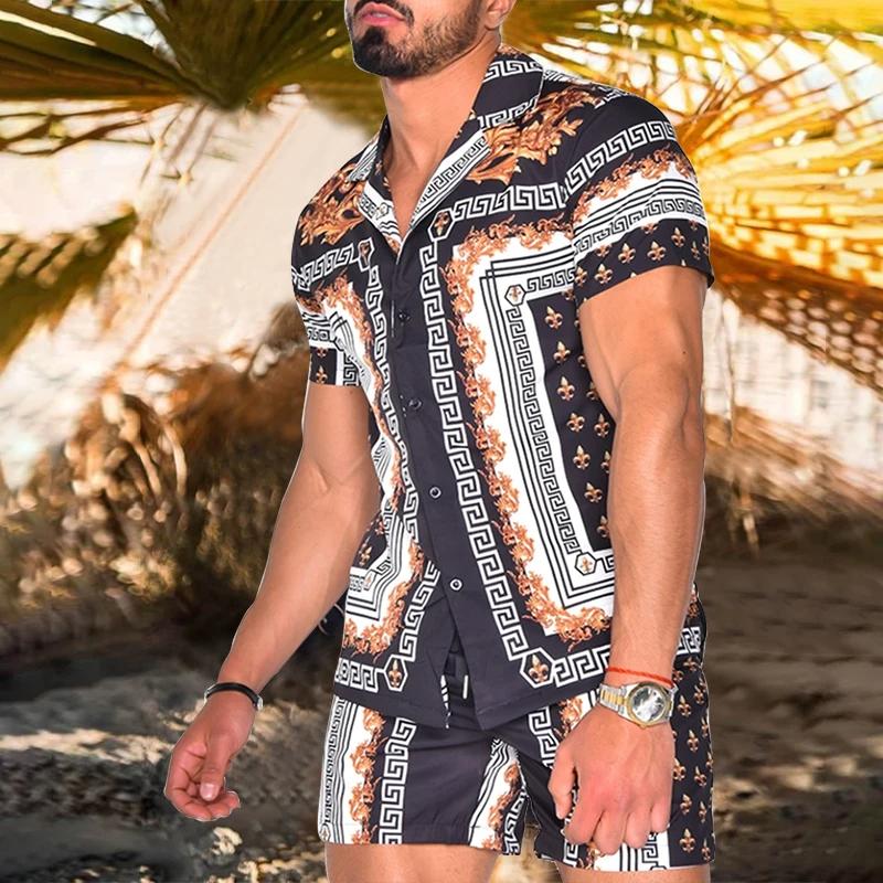 Summer Men's Fashion Leopard Print Short Sleeve Shirt And Shorts Set Beach Style T Shirt Breathable Shorts Two Piece Set