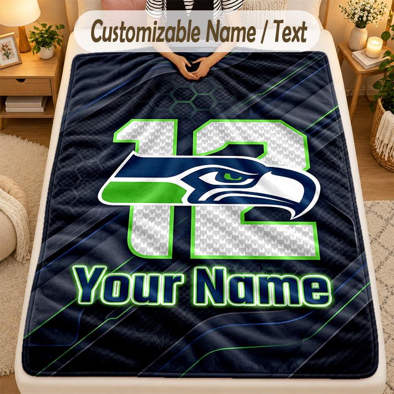 Flannel BlanketSeattle Seahawks Custom Name Text Personalized Soft Warm Throw Blanket Home Decor Gift