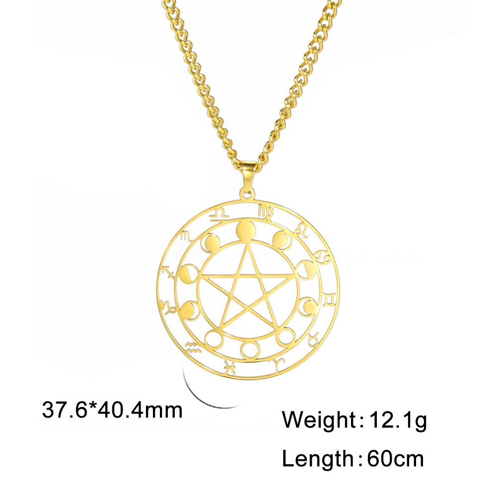 Minimalist Hollow-Out Round Zodiac Pendant Necklace with Star and Moon Design