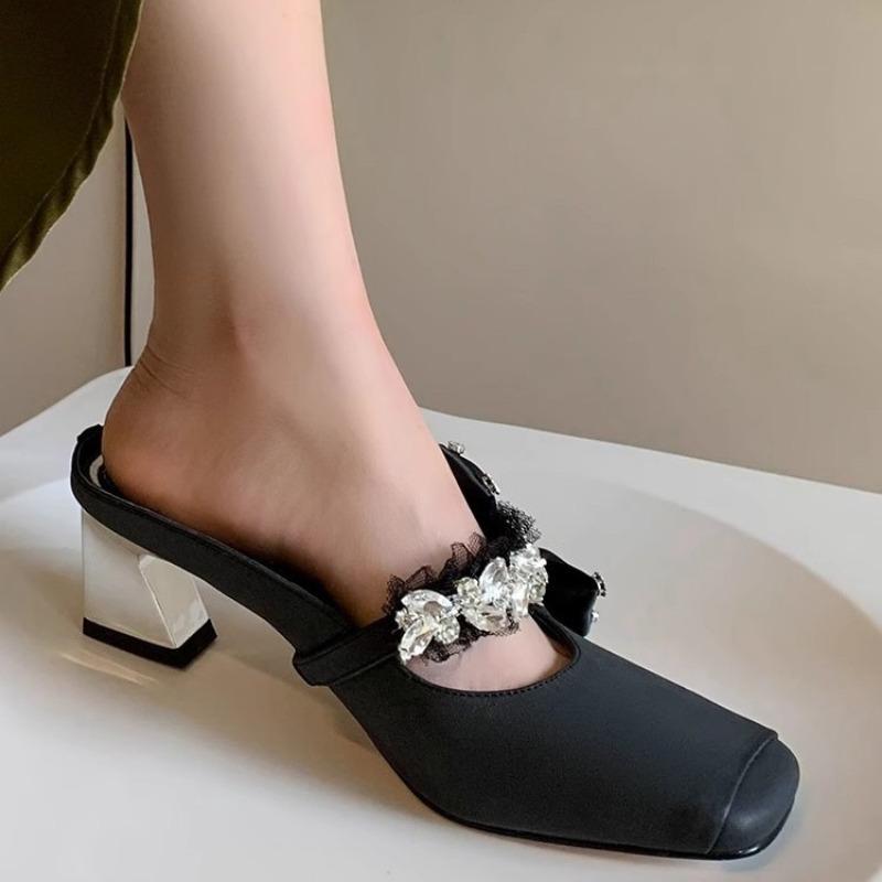 Summer High-heeled Bag Head Half Slippers Women's New Outer Wear Bow Mary Jane Thick Heel Square Head Niche Half Drag