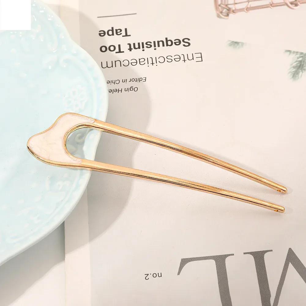 Metal U Shaped Hair Stick for Women Girls Silver Gold Color Vintage Elegant Shell Enamel Ponytail Hairpin Female Headwear Gifts