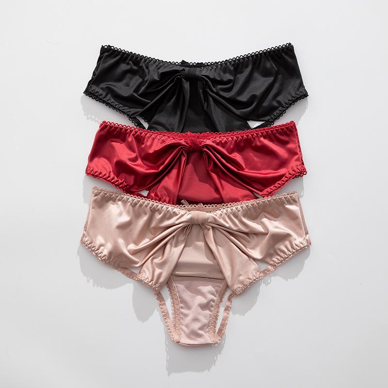 Women's Summer Silky Satin Bow Hollow Sexy Half Package Hip Low Waist Panties