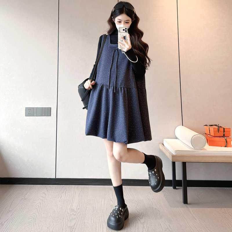 

Maternity Navy Blue Polka Dot Dress Set: Long Sleeve Inner Wear + Slimming Two-Piece for Women - Autumn/Winter XL