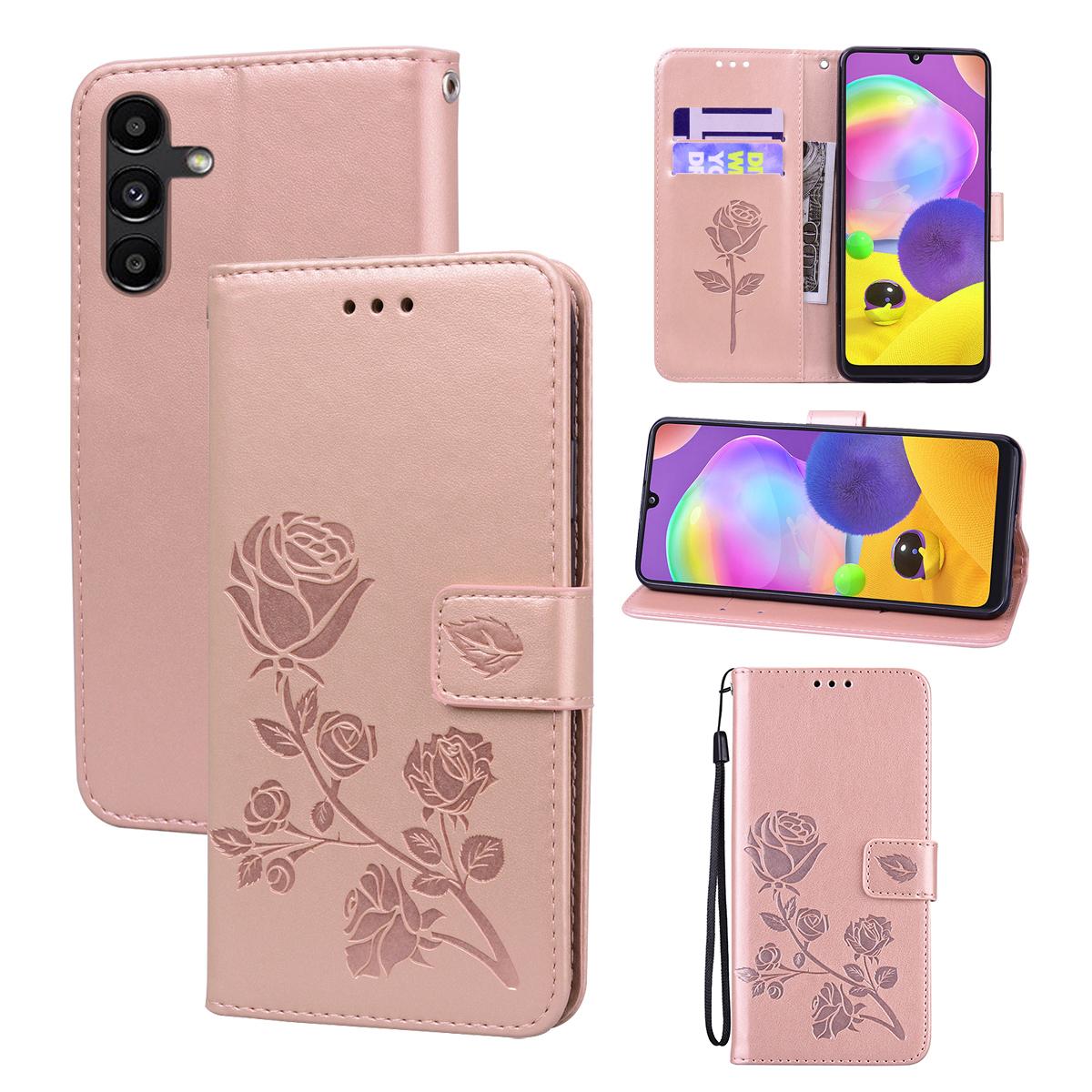 

For Samsung Galaxy S25/S24 Case Rose Pattern Leather Wallet Phone Cover with Strap Rose Gold
