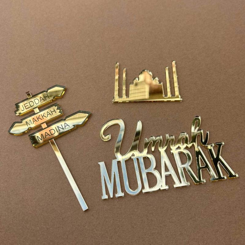 Personalisierter Umrah Mubarak Hajj Mubarak Buchstaben-Kuchenaufsatz Goldfarbenes Acryl Kuchen Dekoration Geburtstagskuchen Anhänger